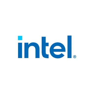 Blue "intel" logo with a stylized "i" in light blue.