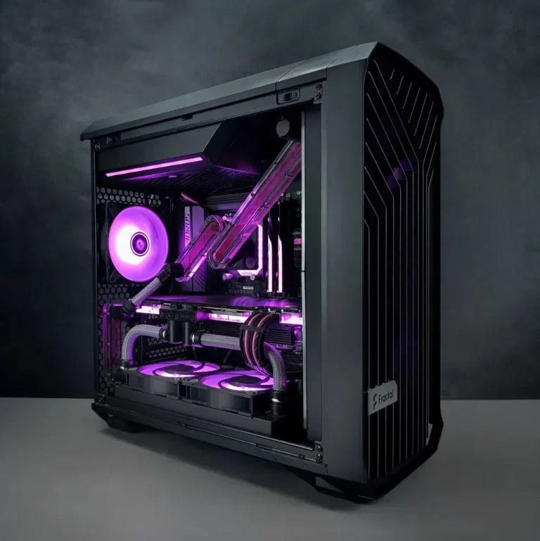 A sleek black desktop computer case with purple LED lighting and visible internal components.