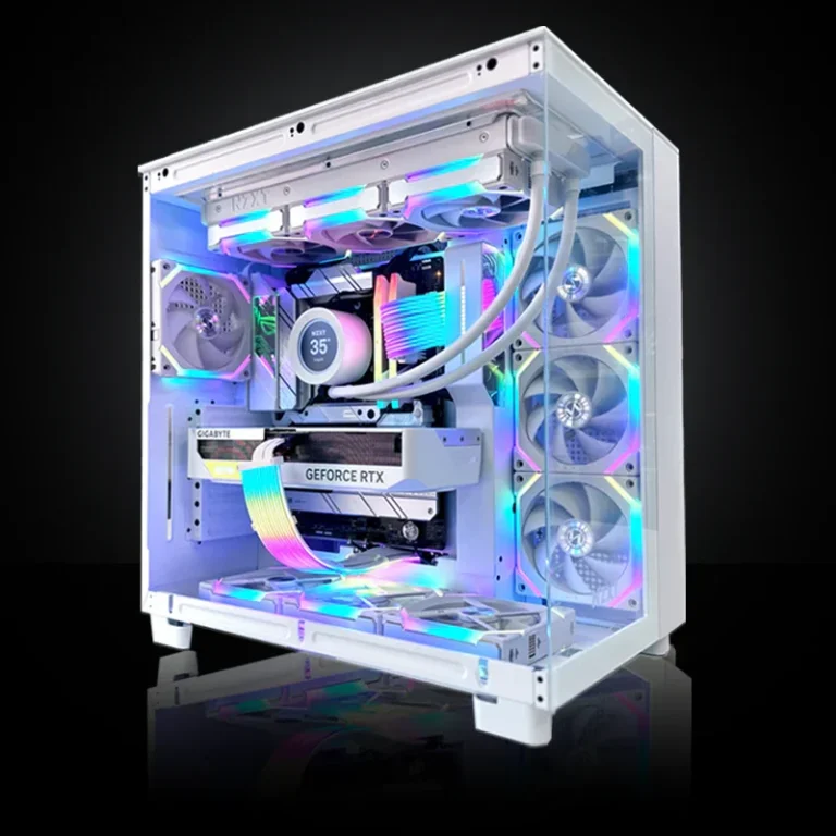 A modern gaming PC with RGB lighting and multiple cooling fans in a sleek white case.