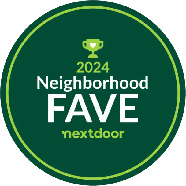 2024 Neighborhood Fave badge from Nextdoor, featuring a trophy icon and green circular design.