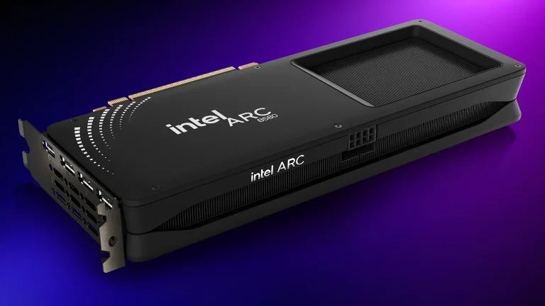 Black graphics card with a sleek design and a square cutout, set against a purple background.