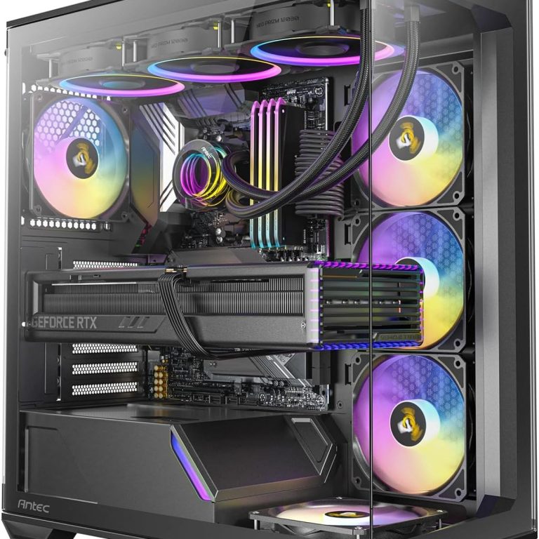 High-performance PC case with RGB lighting and multiple cooling fans.