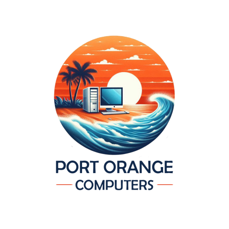 Logo featuring a computer beside palm trees and waves at sunset, with "Port Orange Computers" text.