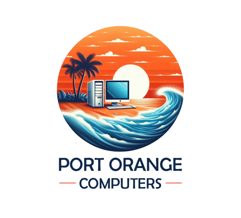 Sunset scene with a computer and palm trees, featuring "Port Orange Computers" logo.